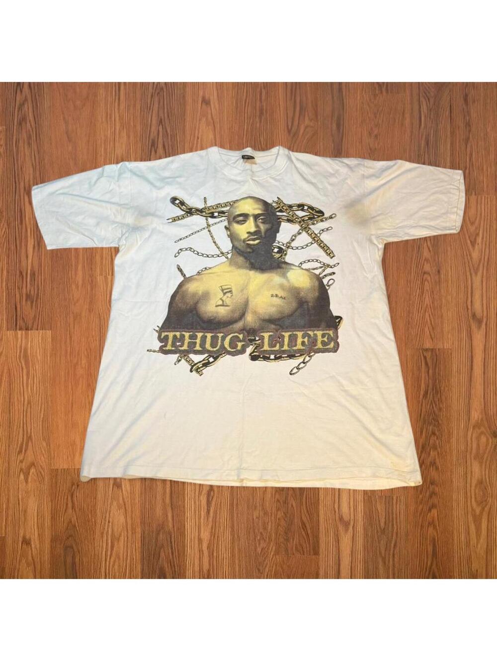 Retro Thug Life Tupac Men's White and Cream short sleeve Tshirt